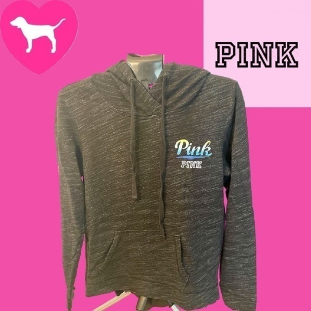 Women's Pink Pullover Size Medium Dark Grey Drawstring Hoodie